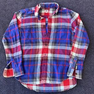 Uniqlo Shirt Mens Small Red Blue Plaid Flannel Cotton Button Front Long Sleeve